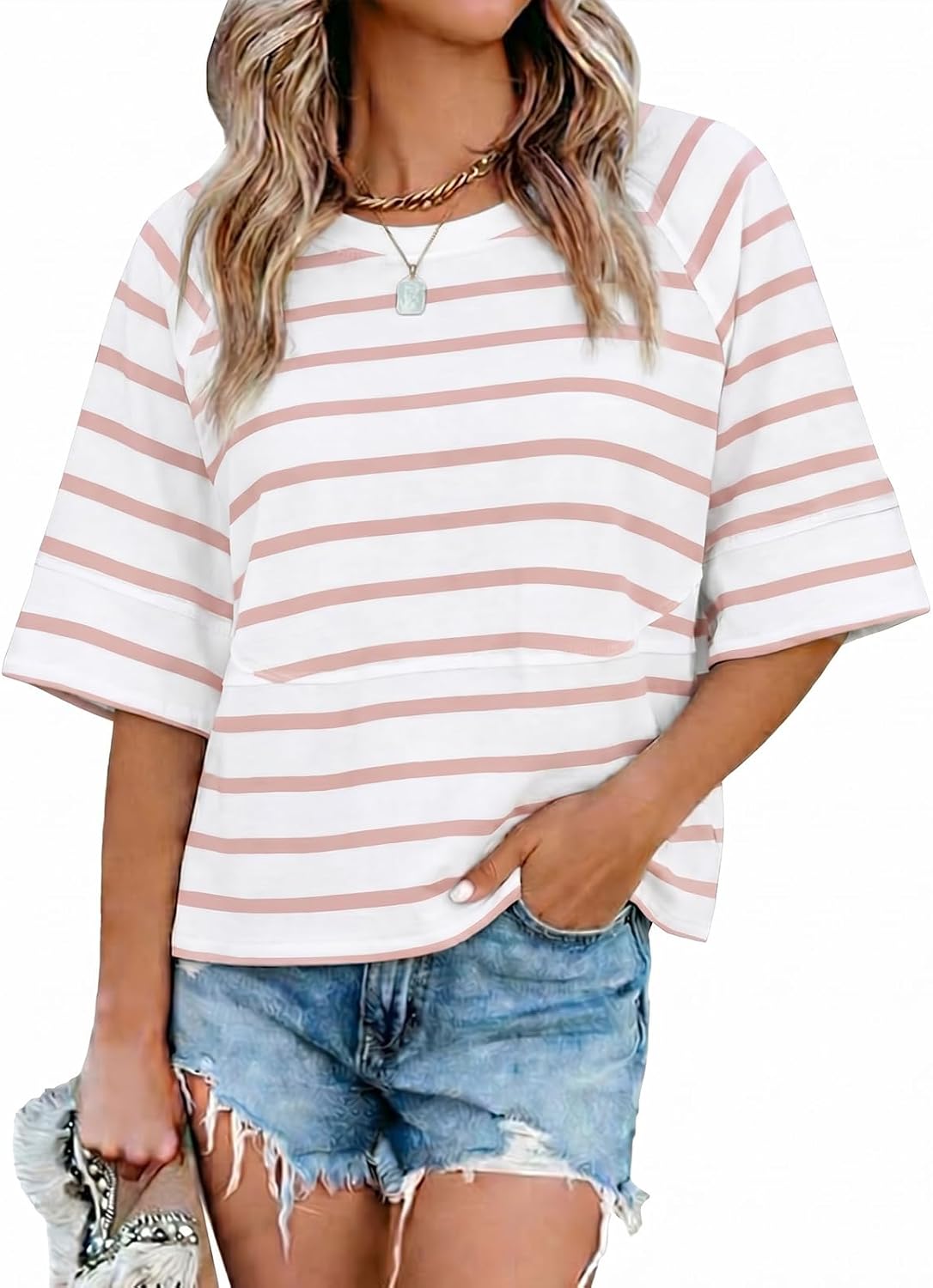 Sovelen Women's Summer Casual T-Shirts Loose Fit Crewneck 3/4 Sleeve Tops