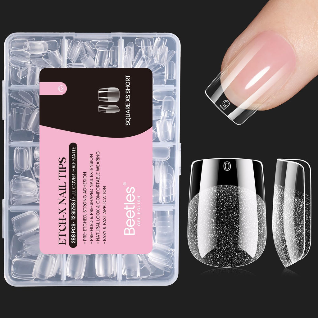 Beetles Soft Gel Nail Tips Short Almond 288pcs in 12 Sizes Etch-X | Pre-Etched Full Cover Acrylic Fake Nails, Salon Quality Nail Supplies, Easy DIY Extension Press On Nails, Gift for Women