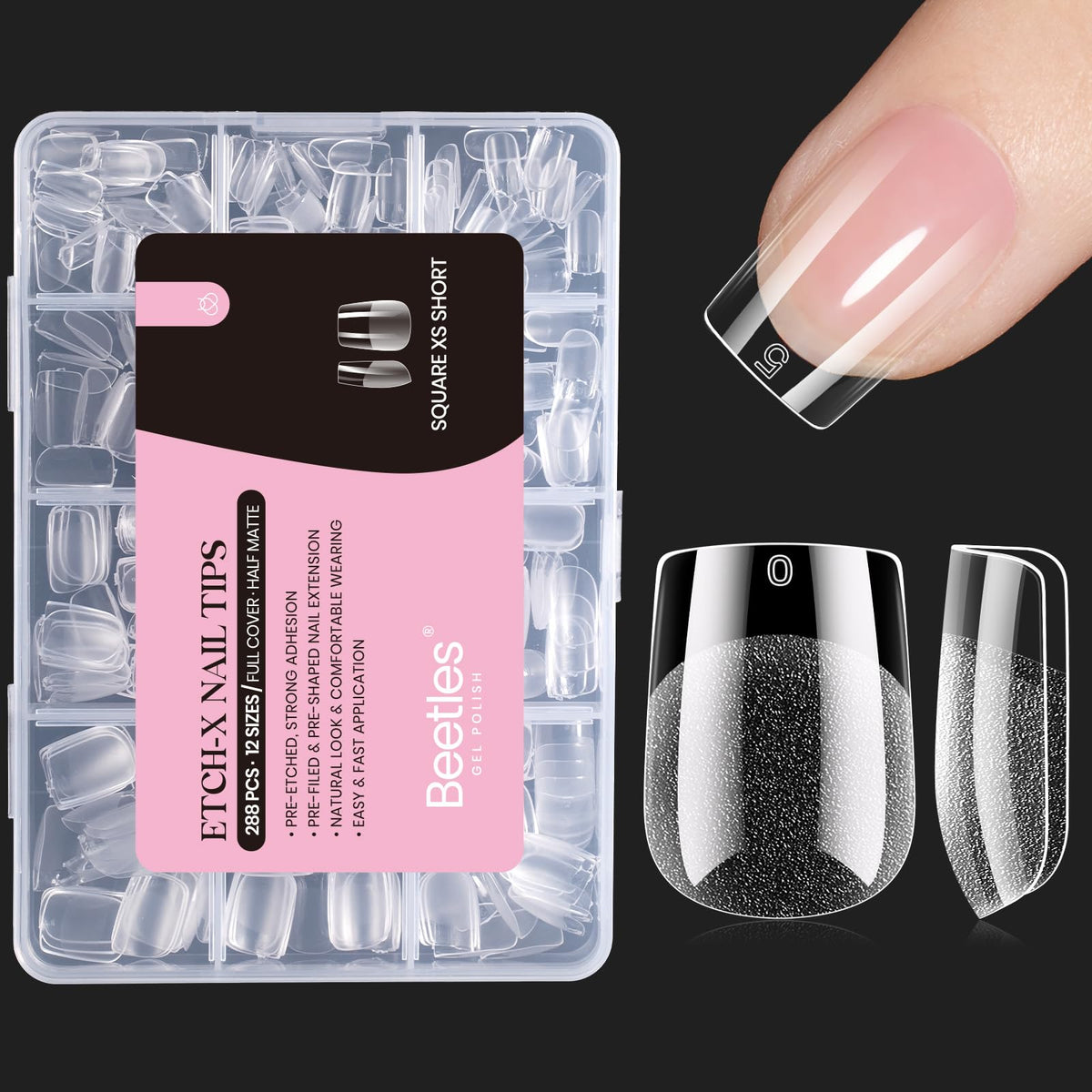Beetles Soft Gel Nail Tips Short Almond 288pcs in 12 Sizes Etch-X | Pre-Etched Full Cover Acrylic Fake Nails, Salon Quality Nail Supplies, Easy DIY Extension Press On Nails, Gift for Women