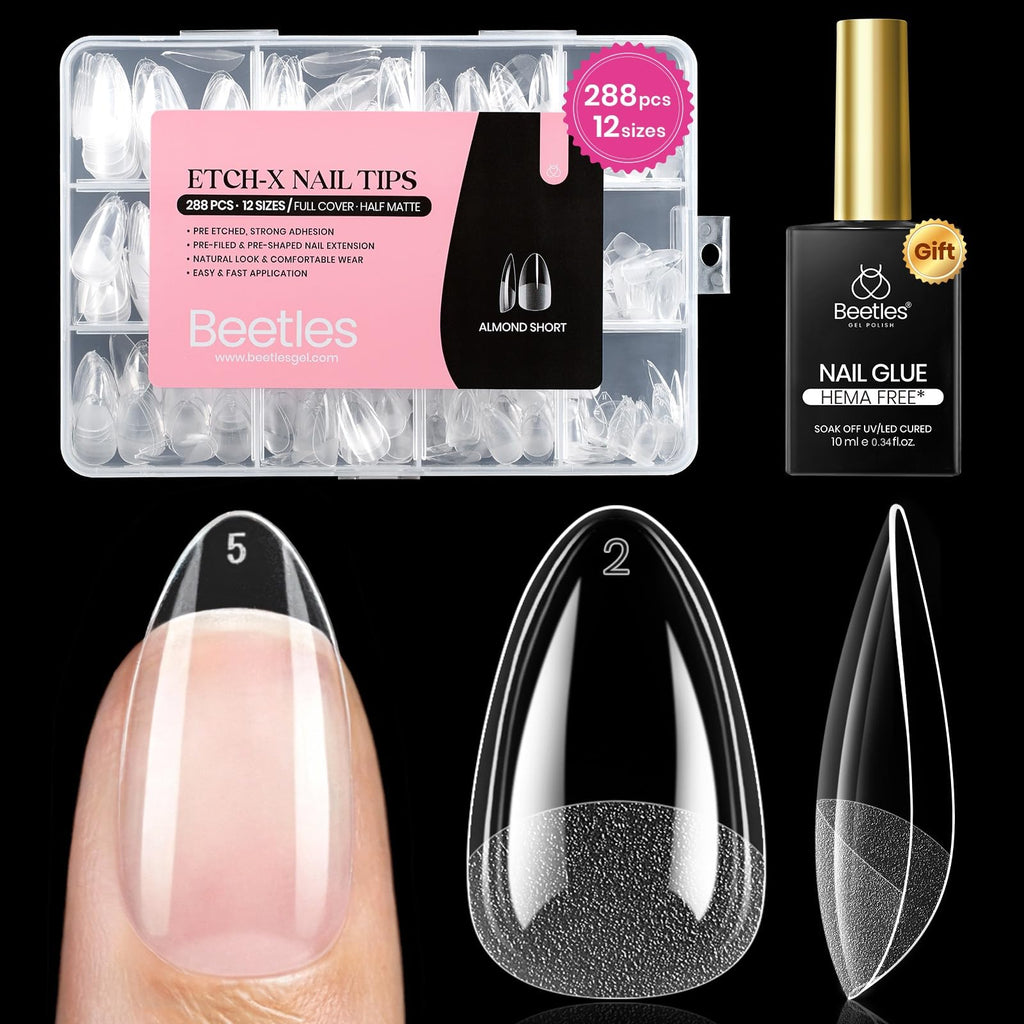 Beetles Soft Gel Nail Tips Short Almond 288pcs in 12 Sizes Etch-X | Pre-Etched Full Cover Acrylic Fake Nails, Salon Quality Nail Supplies, Easy DIY Extension Press On Nails, Gift for Women