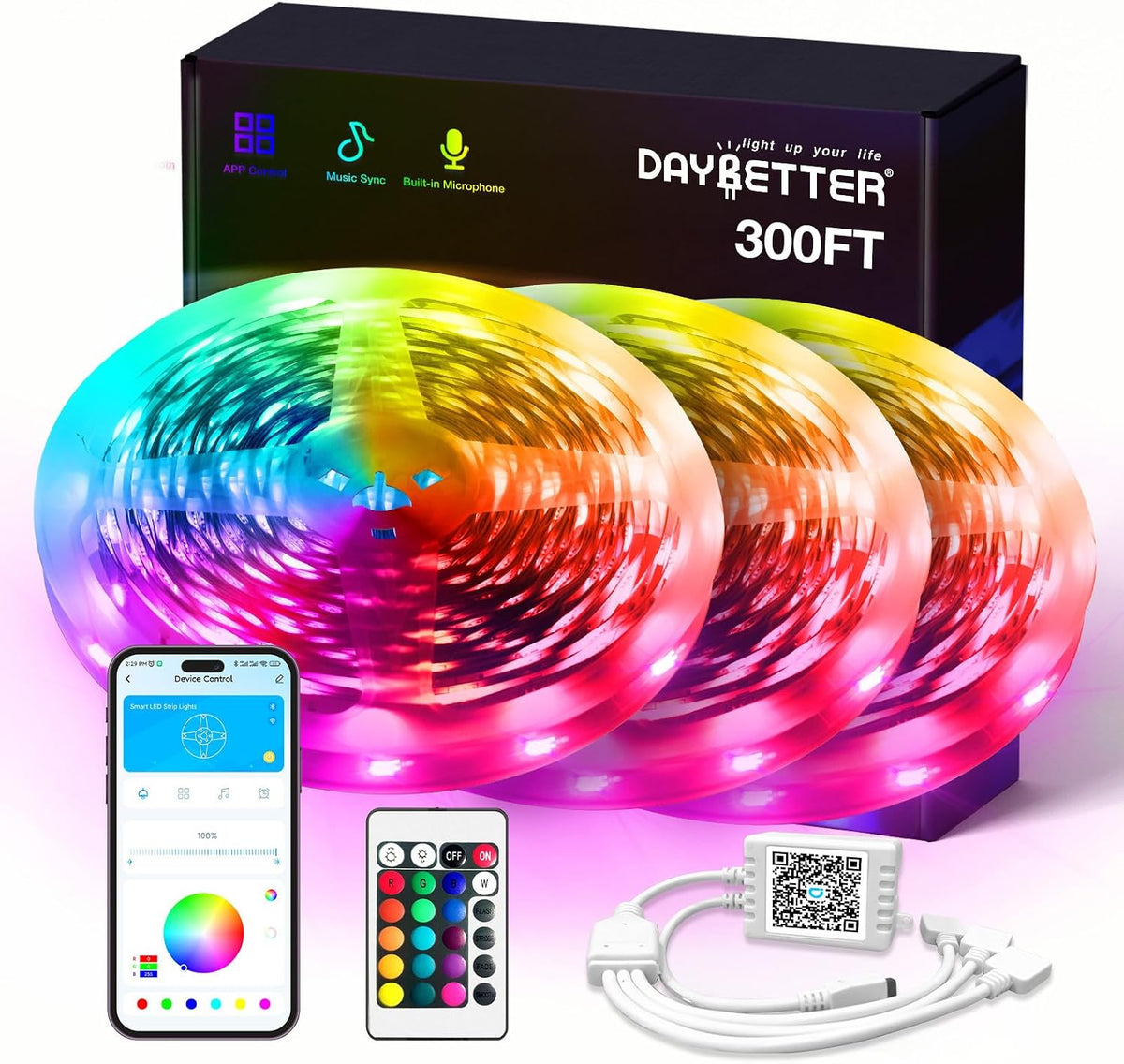 DAYBETTER LED Lights for Bedroom 132ft (2 Rolls of 65.6ft), Music Sync Color Changing Strip Lights with Remote, 24V Power Supply, Classroom Lighting, Room Decor for Teen Girls Boys Birthday Gifts