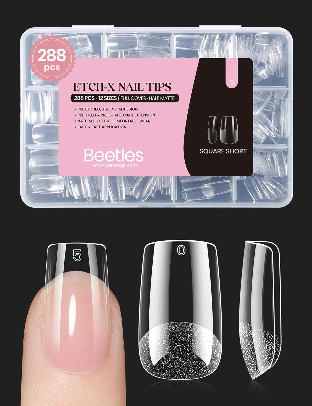 Beetles Soft Gel Nail Tips Short Almond 288pcs in 12 Sizes Etch-X | Pre-Etched Full Cover Acrylic Fake Nails, Salon Quality Nail Supplies, Easy DIY Extension Press On Nails, Gift for Women