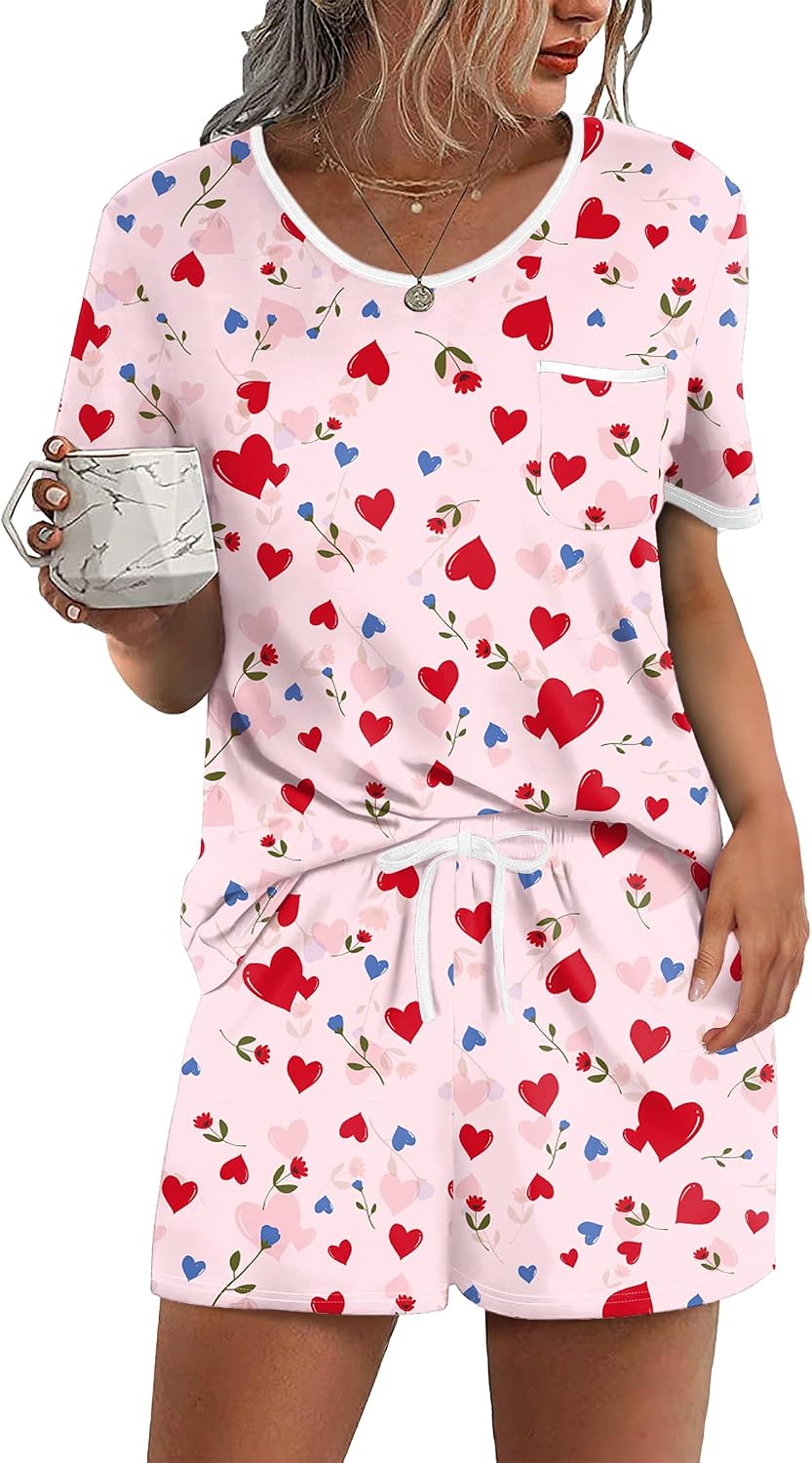 Ekouaer Pajamas for Womens Set 2 Piece Soft Sleepwear, Chest Pocket | Comfy Pjs, Casual Lounge Set, Short Sleeve Tops and Drawstring Shorts, Loungewear for Spring Summer Fall Winter