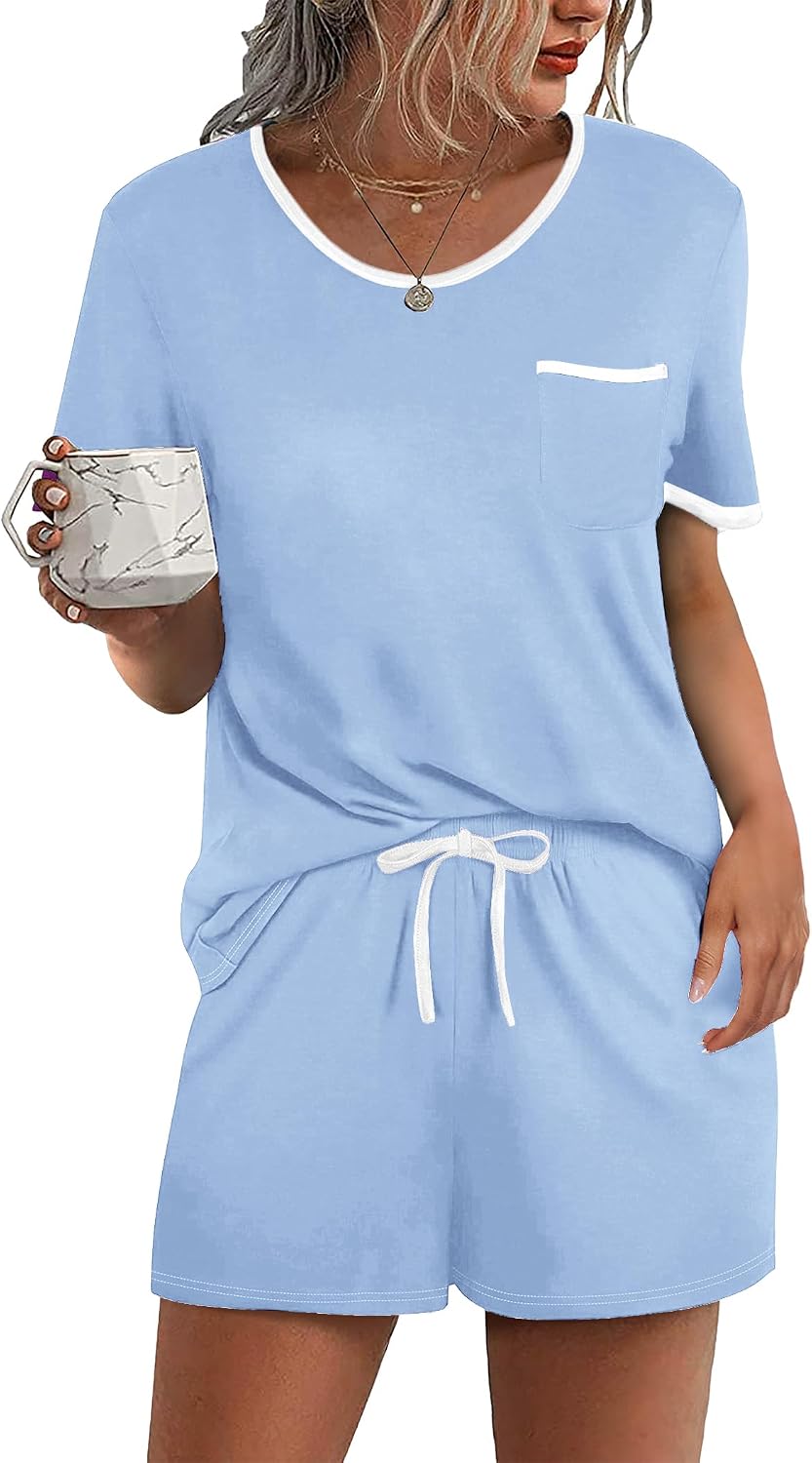 Ekouaer Pajamas for Womens Set 2 Piece Soft Sleepwear, Chest Pocket | Comfy Pjs, Casual Lounge Set, Short Sleeve Tops and Drawstring Shorts, Loungewear for Spring Summer Fall Winter