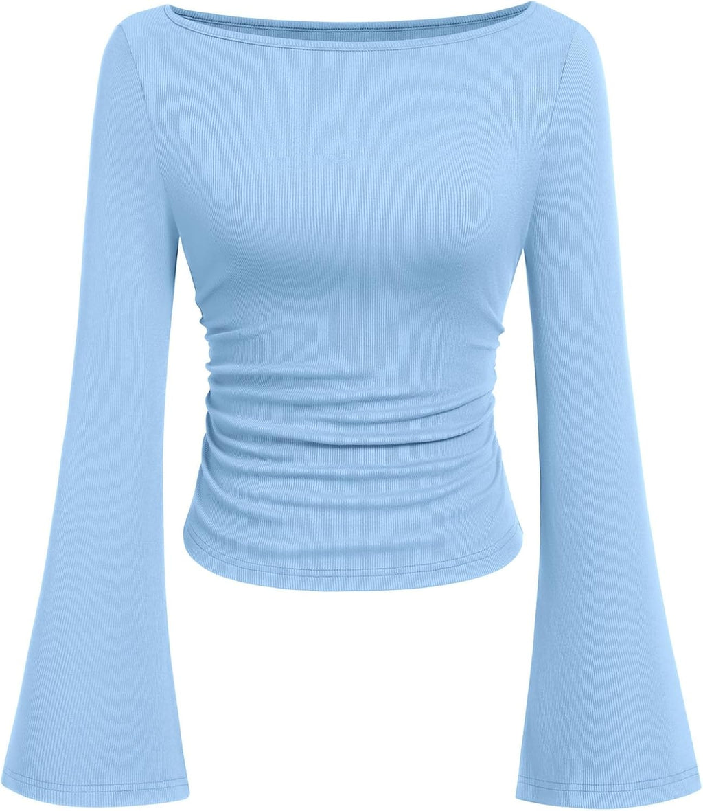 PRETTYGARDEN Womens Bell Long Sleeve Ribbed Knit Tops