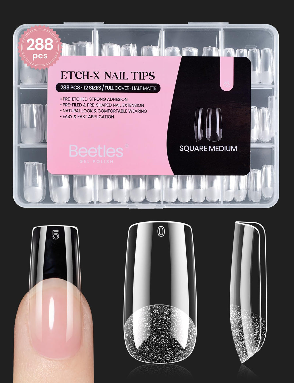 Beetles Soft Gel Nail Tips Short Almond 288pcs in 12 Sizes Etch-X | Pre-Etched Full Cover Acrylic Fake Nails, Salon Quality Nail Supplies, Easy DIY Extension Press On Nails, Gift for Women