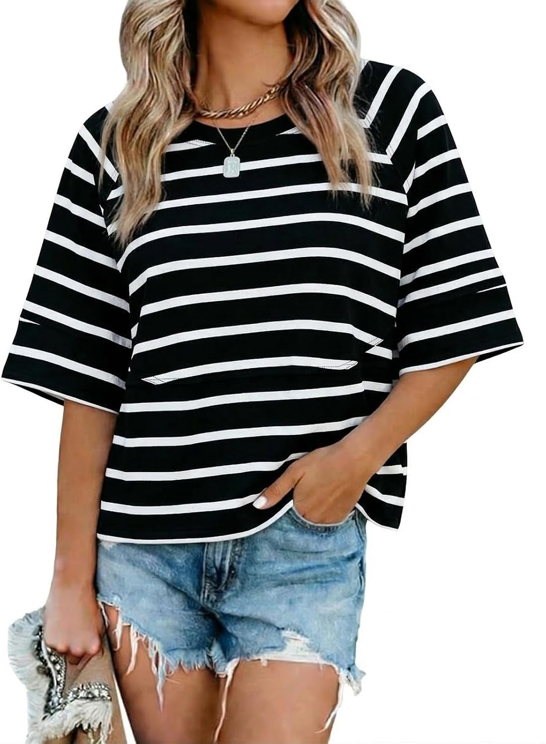 Sovelen Women's Summer Casual T-Shirts Loose Fit Crewneck 3/4 Sleeve Tops