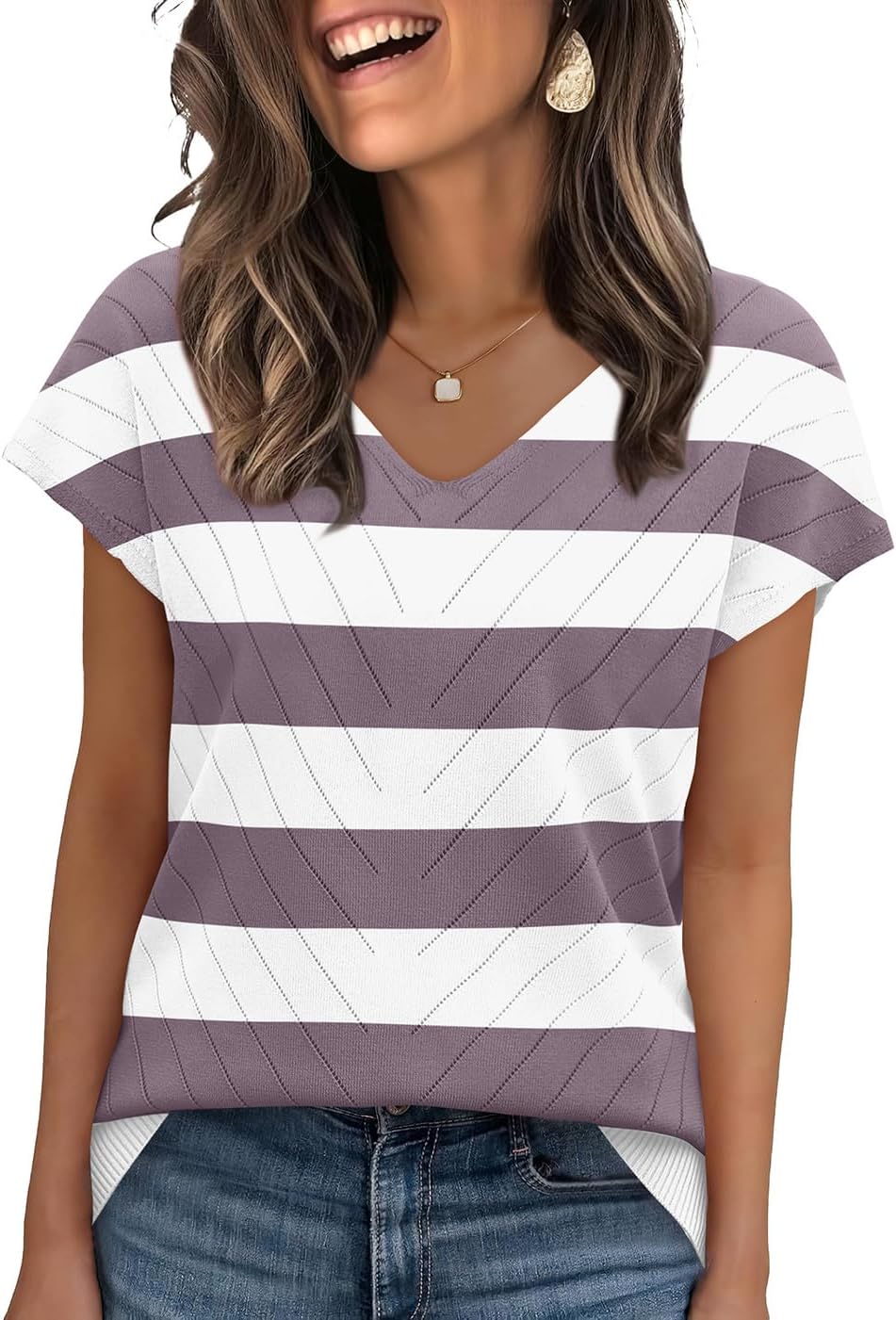 WIHOLL Short Sleeve Sweater for Women V Neck Trendy Summer Tops 2026 Beach Vacation Clothes Travel Business Casual Outfits