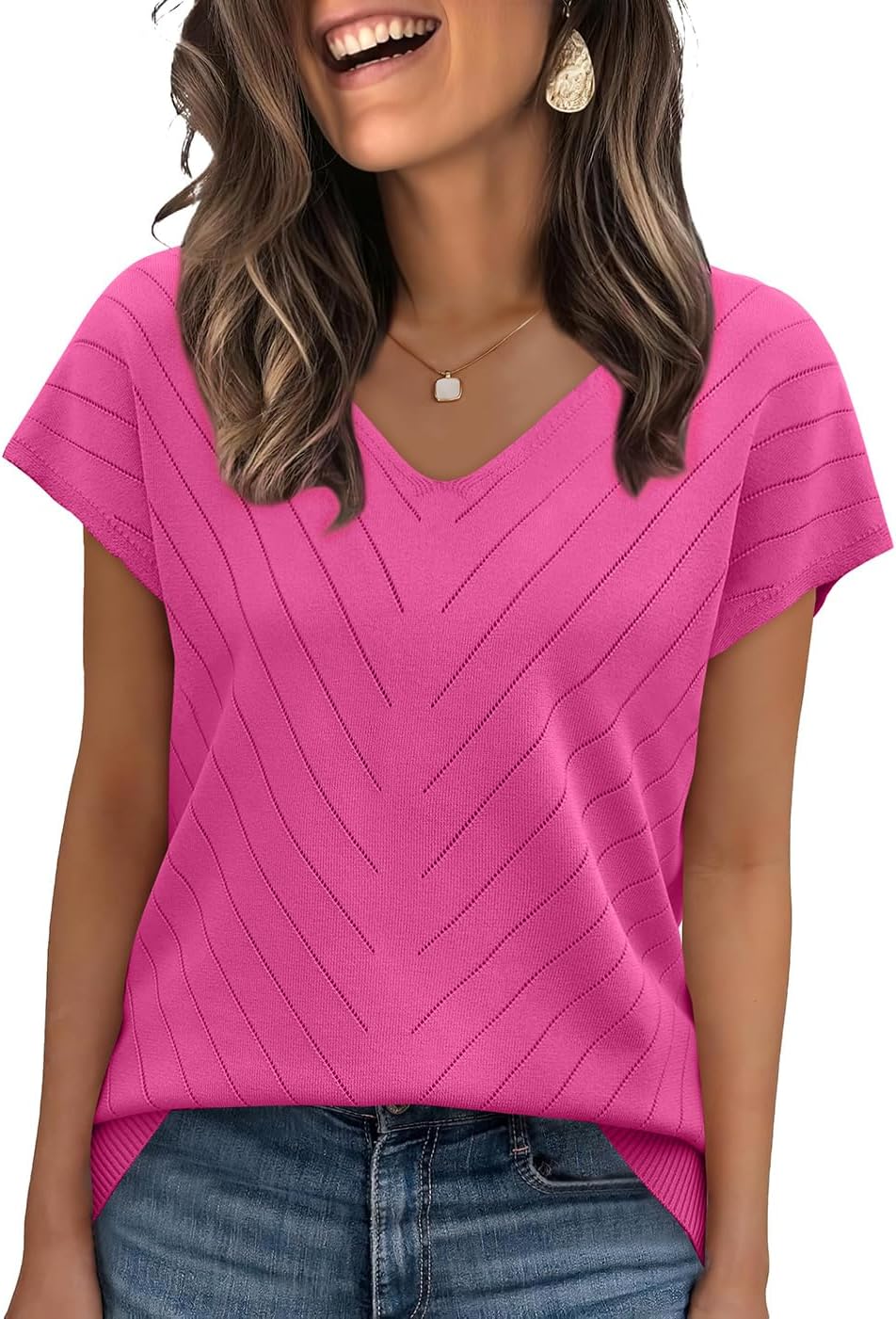 WIHOLL Short Sleeve Sweater for Women V Neck Trendy Summer Tops 2026 Beach Vacation Clothes Travel Business Casual Outfits