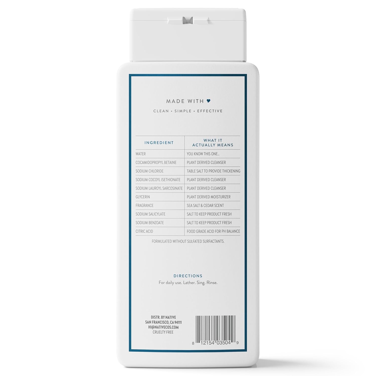 Native Clean Body Wash, Gentle & pH-balanced for Sensitive Skin, 24-Hr Freshness for Men & Women, Vegan & Cruelty-Free, Free of Sulfates, Parabens & Phthalates, Sea Salt & Cedar, 18 fl oz