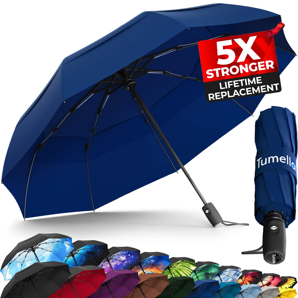 TUMELLA Strongest Windproof Travel Umbrella (Compact, 100MPH Wind-Tested), Light, Portable, One-Handed Use, Automatic Folding Rain Umbrella, Durable, Premium Grip, Fits Car & Backpack