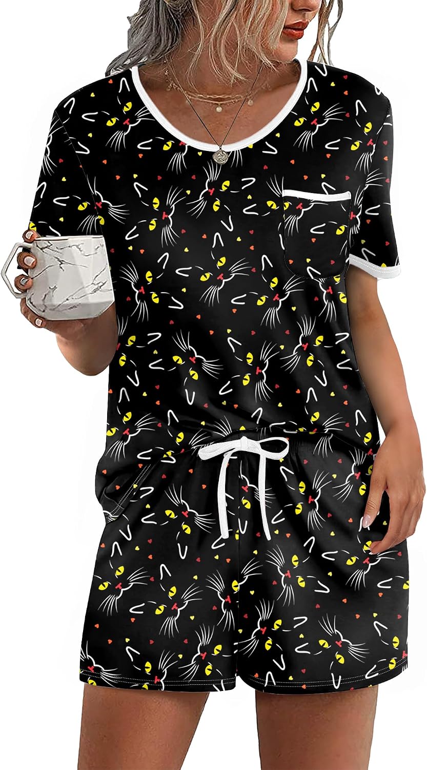 Ekouaer Pajamas for Womens Set 2 Piece Soft Sleepwear, Chest Pocket | Comfy Pjs, Casual Lounge Set, Short Sleeve Tops and Drawstring Shorts, Loungewear for Spring Summer Fall Winter