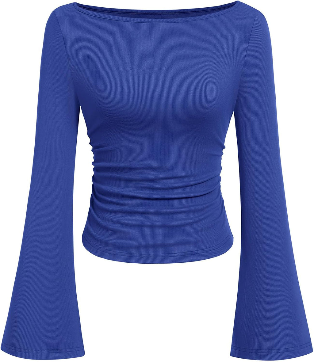 PRETTYGARDEN Womens Bell Long Sleeve Ribbed Knit Tops