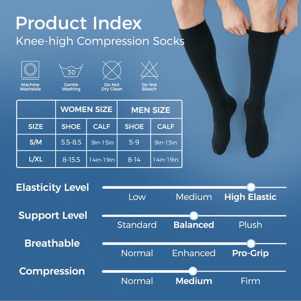 Compression Socks for Women & Men 15-20 mmHg, Knee High, 3 Pairs | Graduated Compression, Supports Circulation, Ideal for Nurses, Pregnancy, Travel, Flights, Running & Athletic Edema