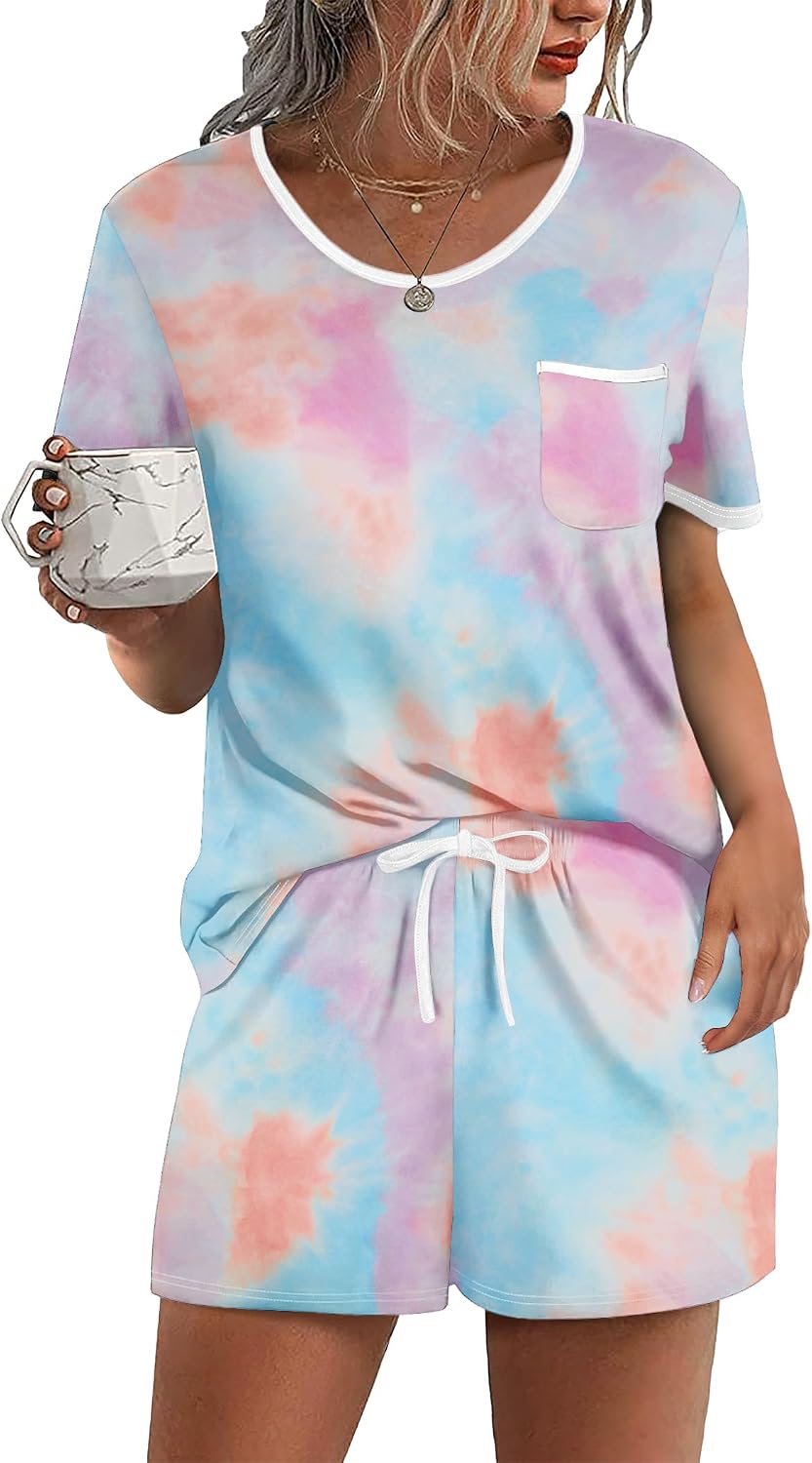 Ekouaer Pajamas for Womens Set 2 Piece Soft Sleepwear, Chest Pocket | Comfy Pjs, Casual Lounge Set, Short Sleeve Tops and Drawstring Shorts, Loungewear for Spring Summer Fall Winter