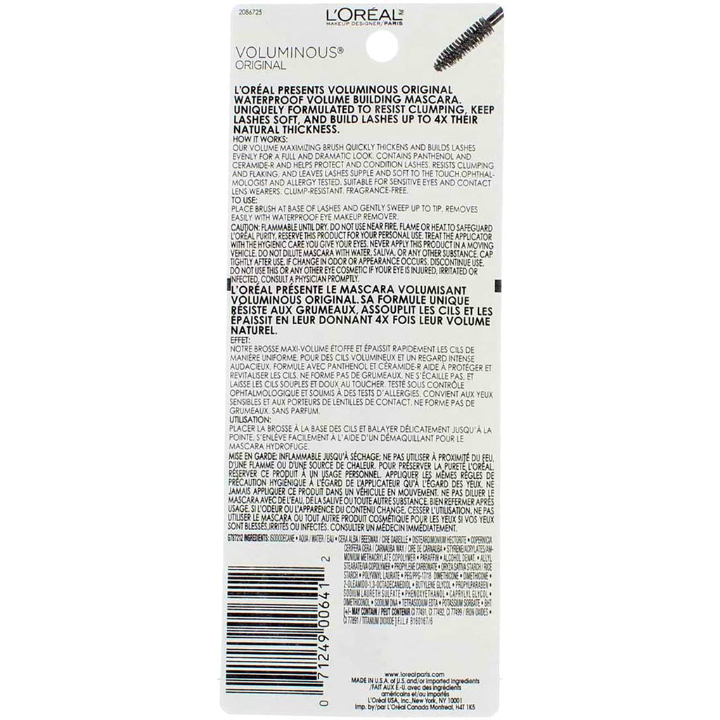 L’Oreal Paris Original Voluminous Mascara, Building Mascara Volume and Length Formula, Washable, Blackest Black, 0.26 Fl Oz., 1 Count