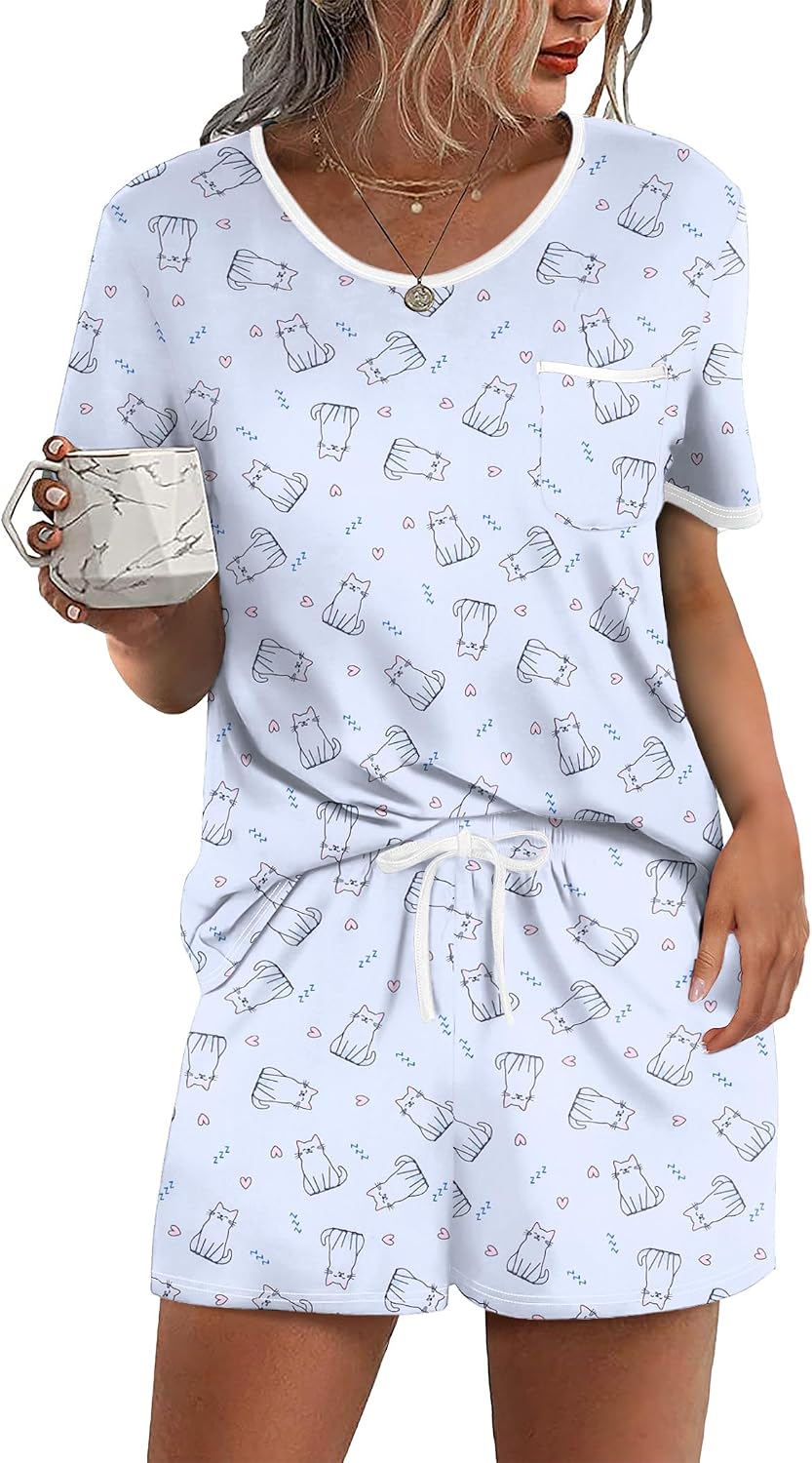 Ekouaer Pajamas for Womens Set 2 Piece Soft Sleepwear, Chest Pocket | Comfy Pjs, Casual Lounge Set, Short Sleeve Tops and Drawstring Shorts, Loungewear for Spring Summer Fall Winter