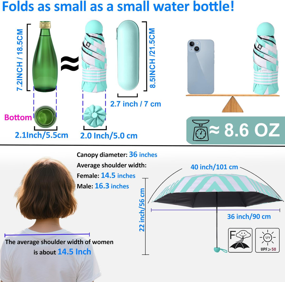 BAODINI Mini Travel Umbrella with UV Sun Protection, Compact Pocket-Size