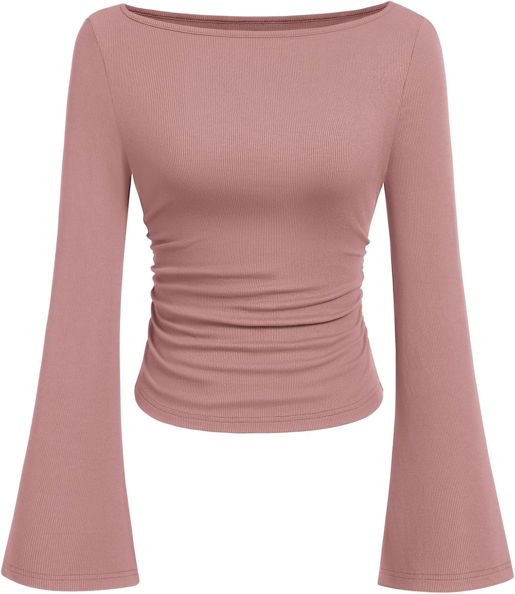PRETTYGARDEN Womens Bell Long Sleeve Ribbed Knit Tops