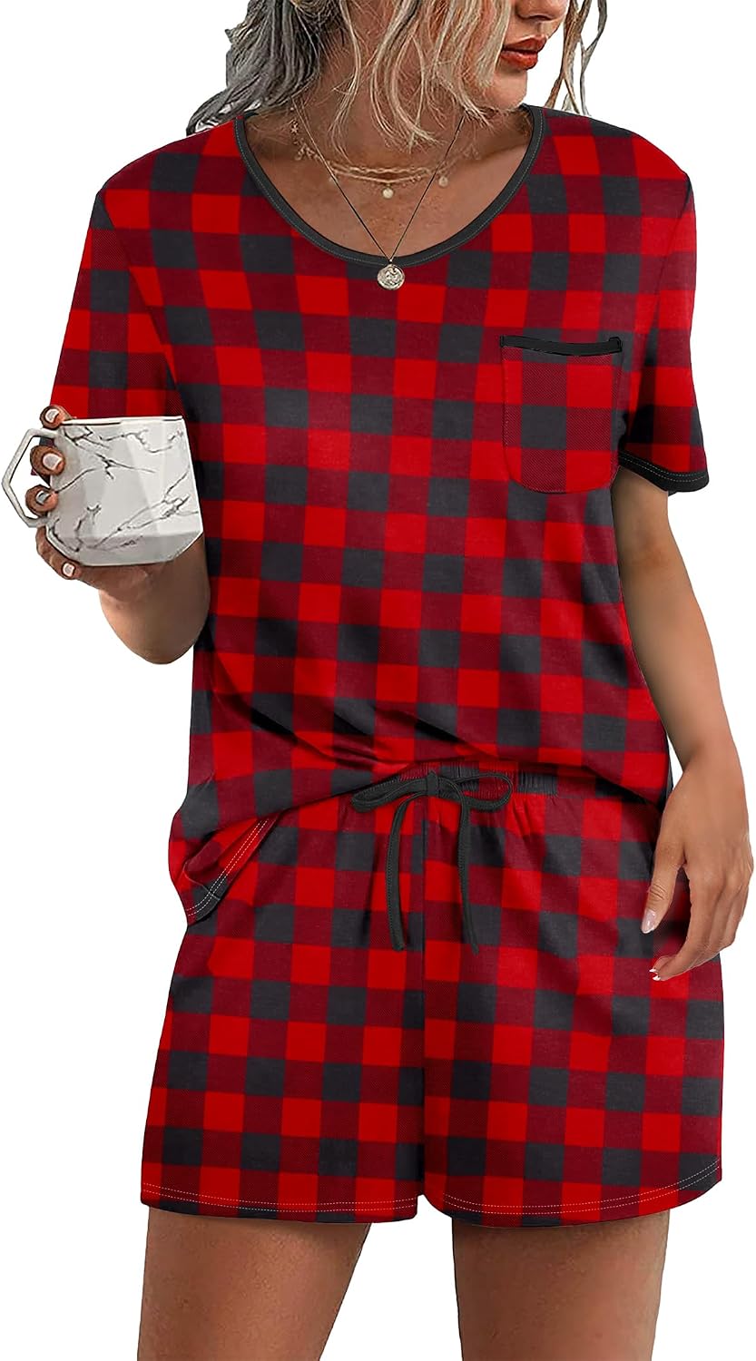 Ekouaer Pajamas for Womens Set 2 Piece Soft Sleepwear, Chest Pocket | Comfy Pjs, Casual Lounge Set, Short Sleeve Tops and Drawstring Shorts, Loungewear for Spring Summer Fall Winter