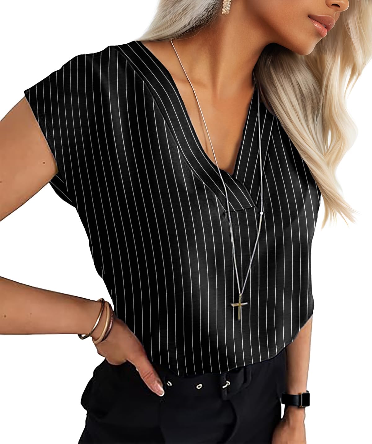 Lepunuo Womens Summer Tops Cap Sleeve Textured Dressy V Neck Shirts 2025 Work Office Blouses Business Casual Outfits