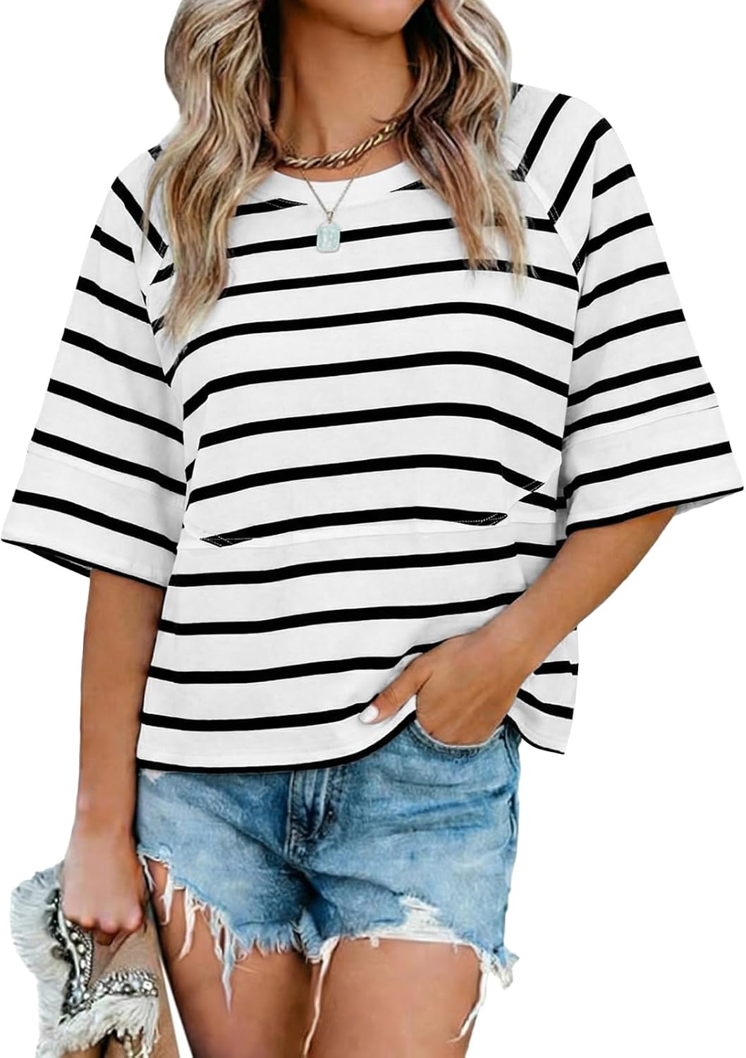 Sovelen Women's Summer Casual T-Shirts Loose Fit Crewneck 3/4 Sleeve Tops