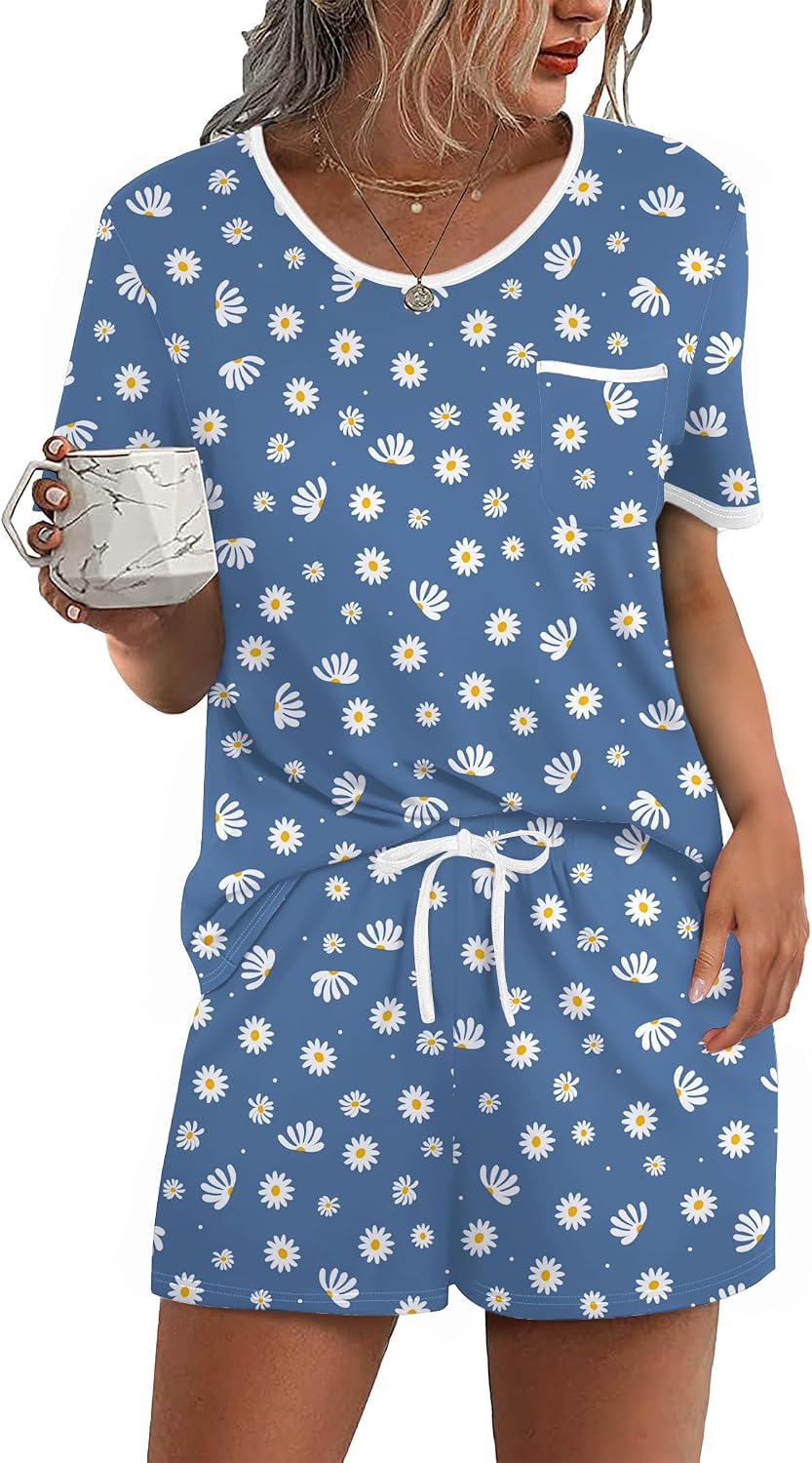 Ekouaer Pajamas for Womens Set 2 Piece Soft Sleepwear, Chest Pocket | Comfy Pjs, Casual Lounge Set, Short Sleeve Tops and Drawstring Shorts, Loungewear for Spring Summer Fall Winter