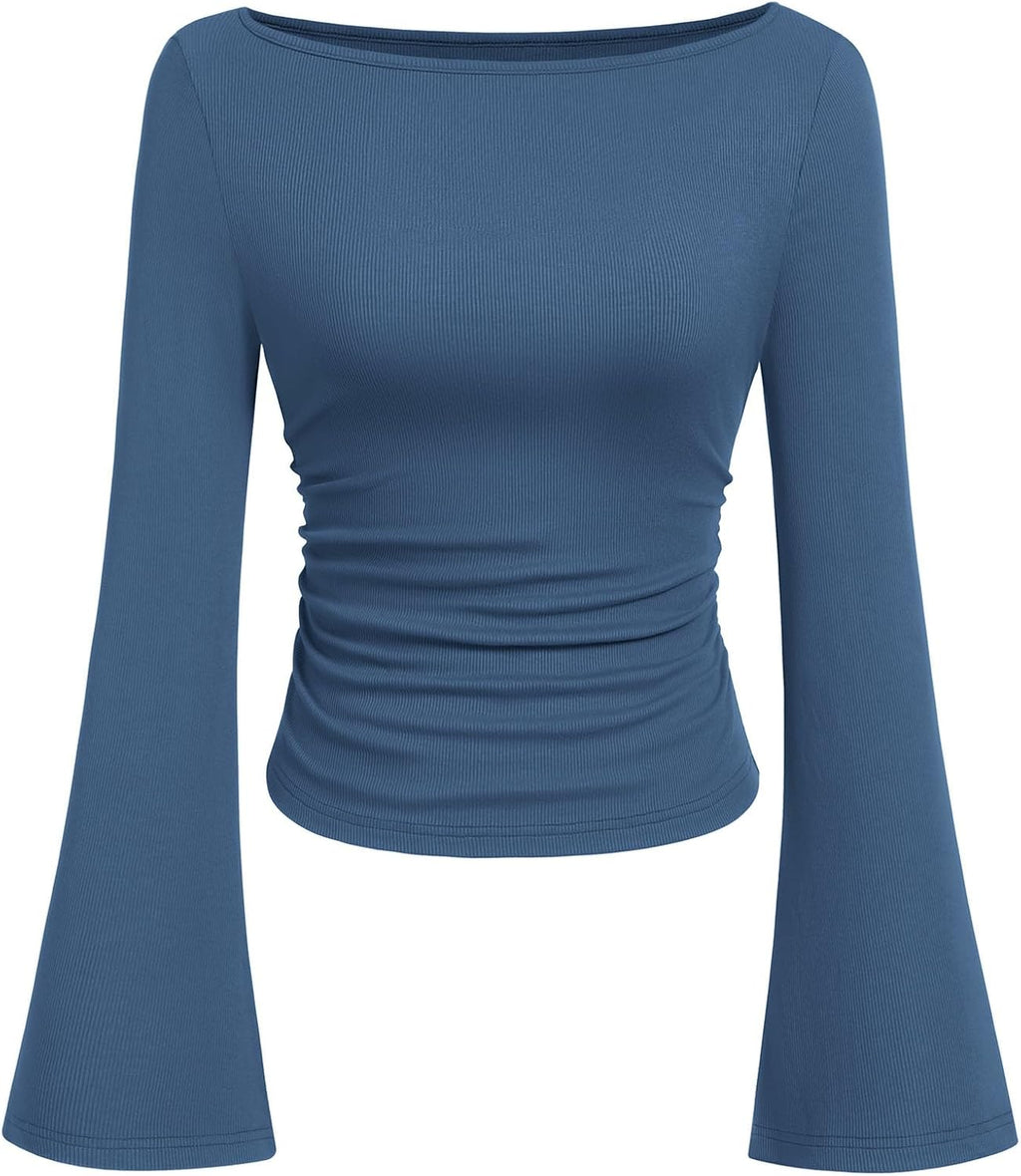 PRETTYGARDEN Womens Bell Long Sleeve Ribbed Knit Tops