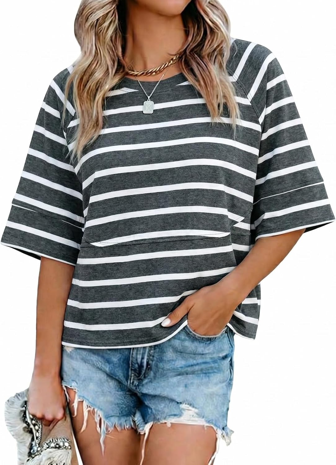Sovelen Women's Summer Casual T-Shirts Loose Fit Crewneck 3/4 Sleeve Tops