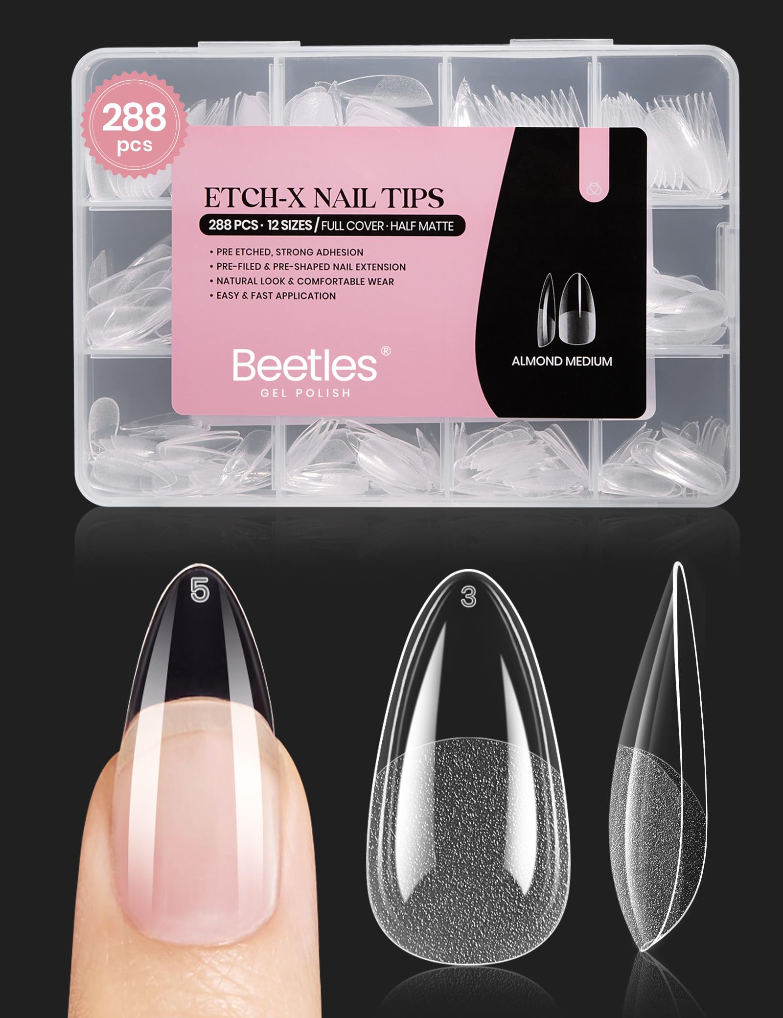 Beetles Soft Gel Nail Tips Short Almond 288pcs in 12 Sizes Etch-X | Pre-Etched Full Cover Acrylic Fake Nails, Salon Quality Nail Supplies, Easy DIY Extension Press On Nails, Gift for Women