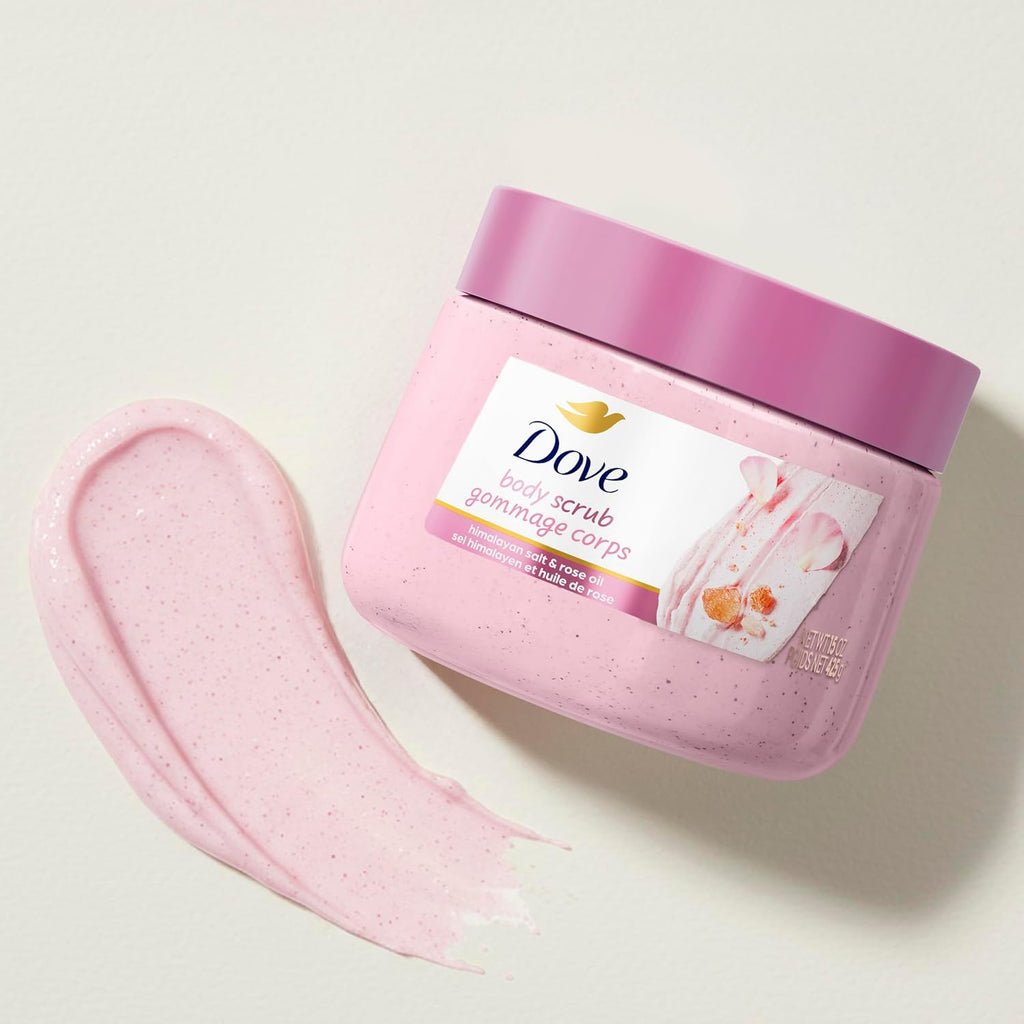 Dove Himalayan Salt & Rose Oil Body Scrub Exfoliates and Deeply 15 oz | For skin that needs polish, Helps reveal smooth skin, With Himalayan salt & Rose Oil