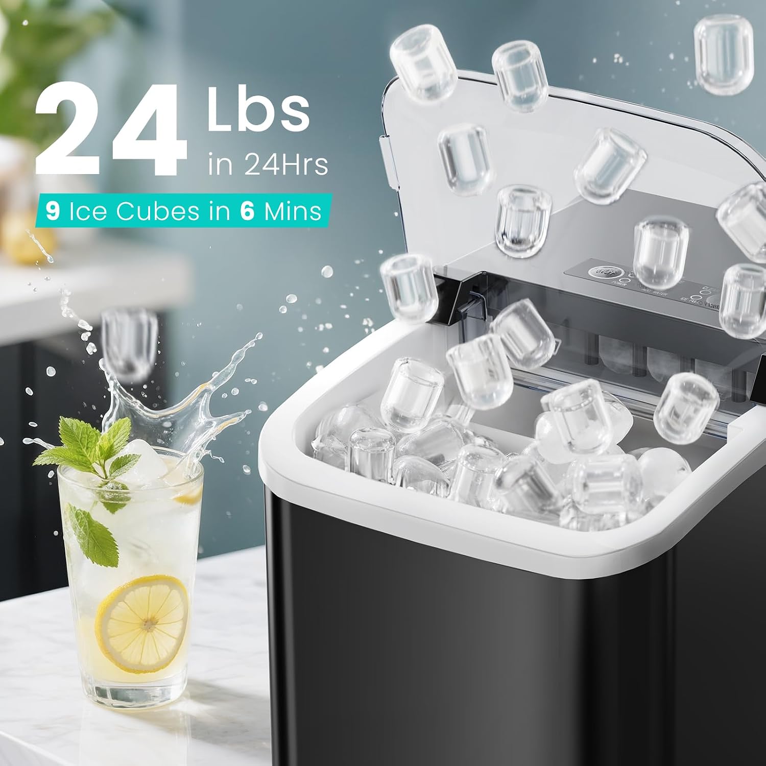 OLIXIS Countertop Ice Maker Machine with Handle, Auto-Cleaning Portable Ice Maker with Basket & Scoop, 26lbs in 24Hrs & 9 Cubes in 6 Mins, 2 Cube Sizes, for Home Party Camping RV, Black