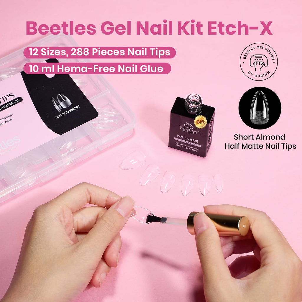 Beetles Soft Gel Nail Tips Short Almond 288pcs in 12 Sizes Etch-X | Pre-Etched Full Cover Acrylic Fake Nails, Salon Quality Nail Supplies, Easy DIY Extension Press On Nails, Gift for Women