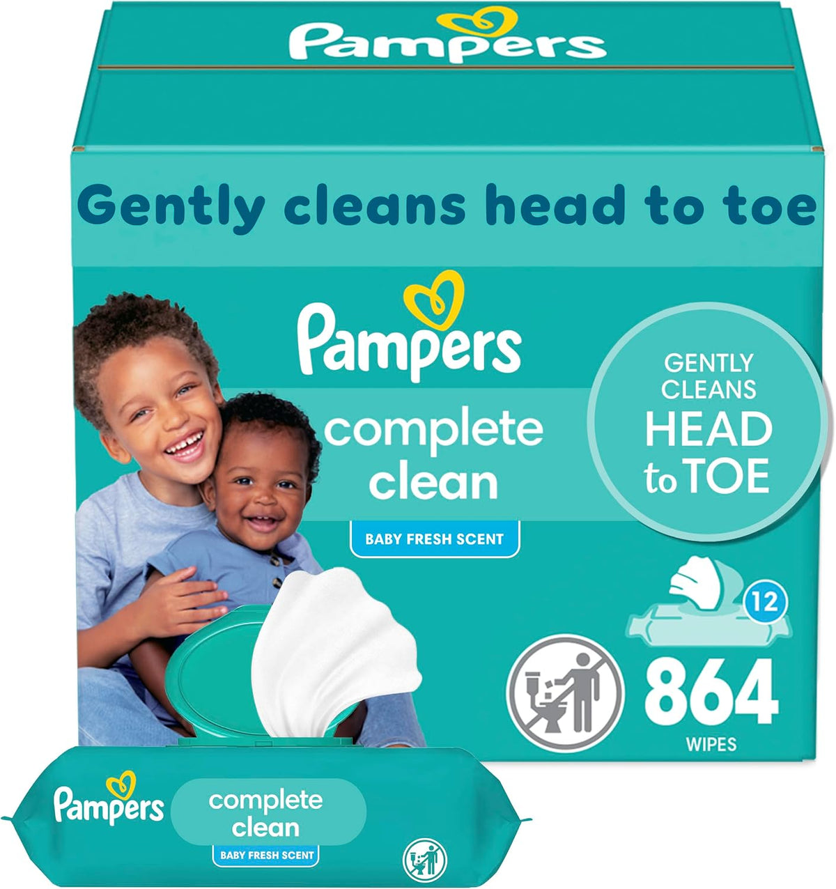Pampers Baby Wipes, Complete Clean Baby Fresh Scented Wipe, Gently Cleans Head to Toe, 72 Total (1 Flip-Top Packs)