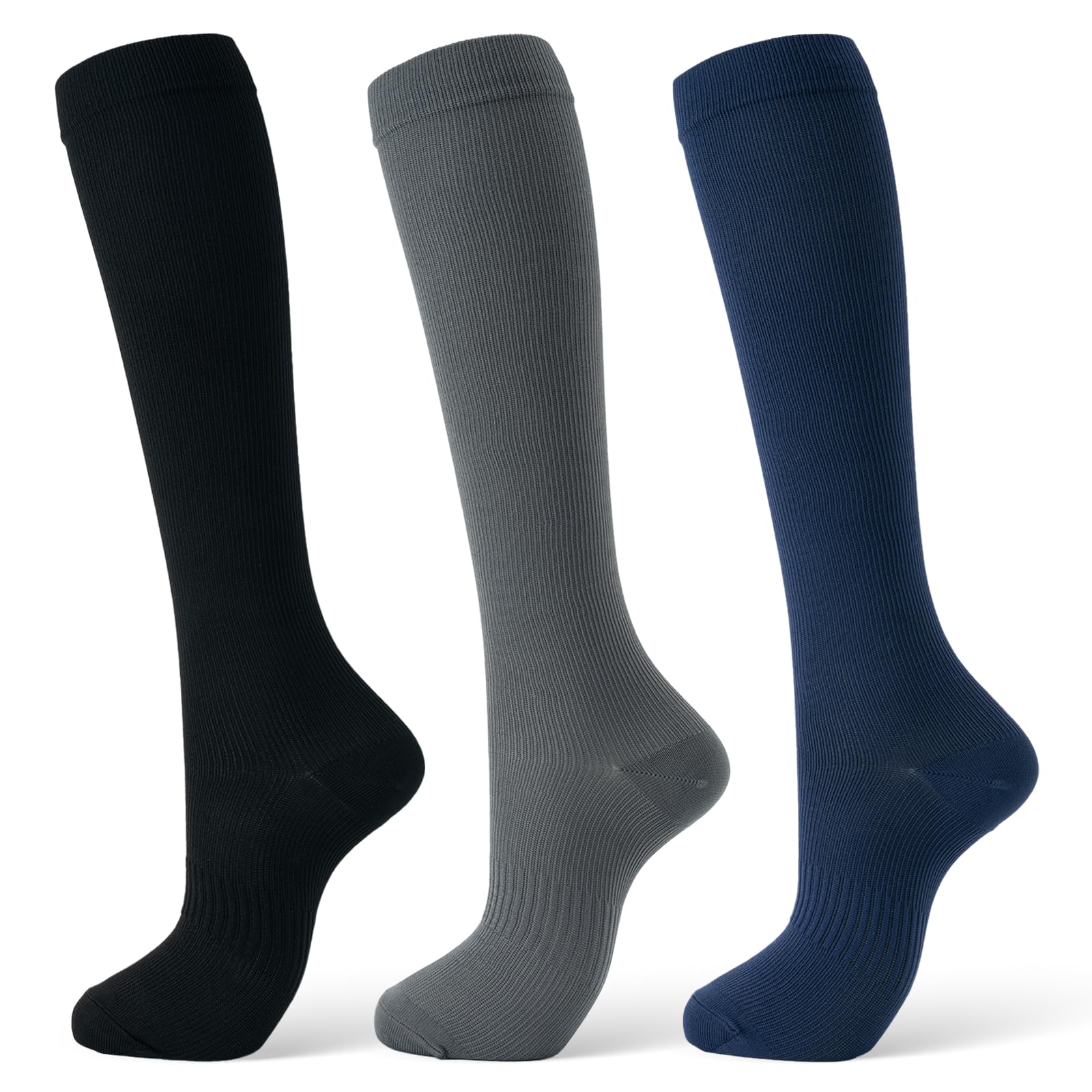 Compression Socks for Women & Men 15-20 mmHg, Knee High, 3 Pairs | Graduated Compression, Supports Circulation, Ideal for Nurses, Pregnancy, Travel, Flights, Running & Athletic Edema