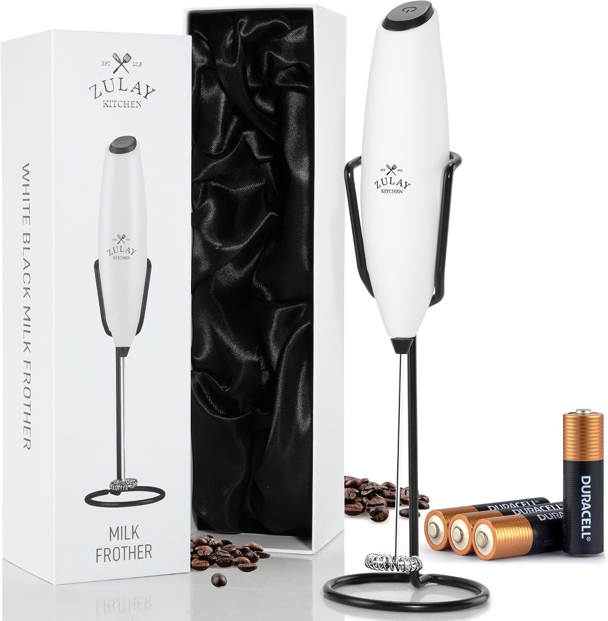 Zulay Kitchen Powerful Milk Frother Wand With Duracell Batteries - Ultra Fast Handheld Drink Mixer - Electric Whisk Foam Maker for Coffee, Lattes, Cappuccino & Matcha - Triple Whisk - Pale Cloud