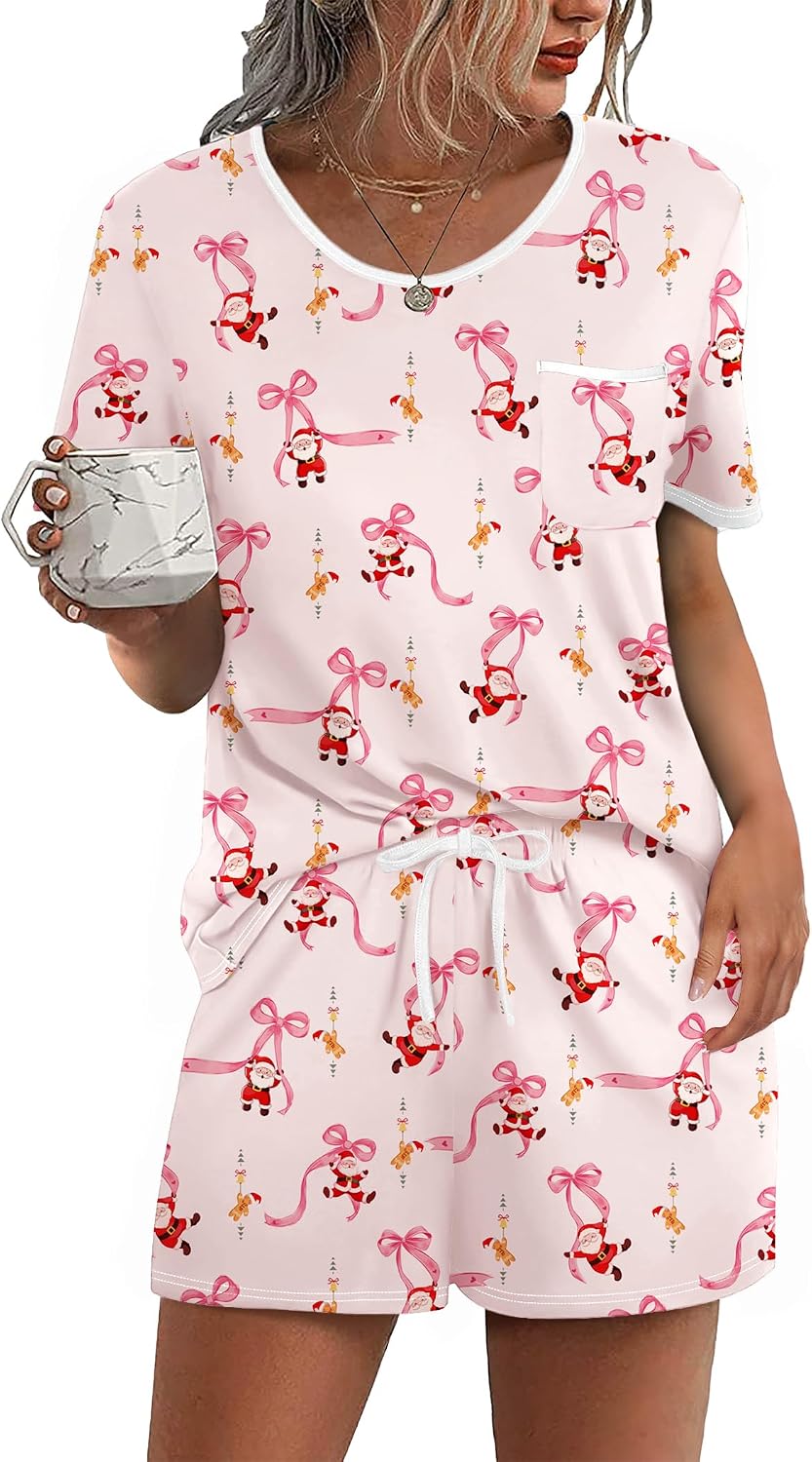 Ekouaer Pajamas for Womens Set 2 Piece Soft Sleepwear, Chest Pocket | Comfy Pjs, Casual Lounge Set, Short Sleeve Tops and Drawstring Shorts, Loungewear for Spring Summer Fall Winter