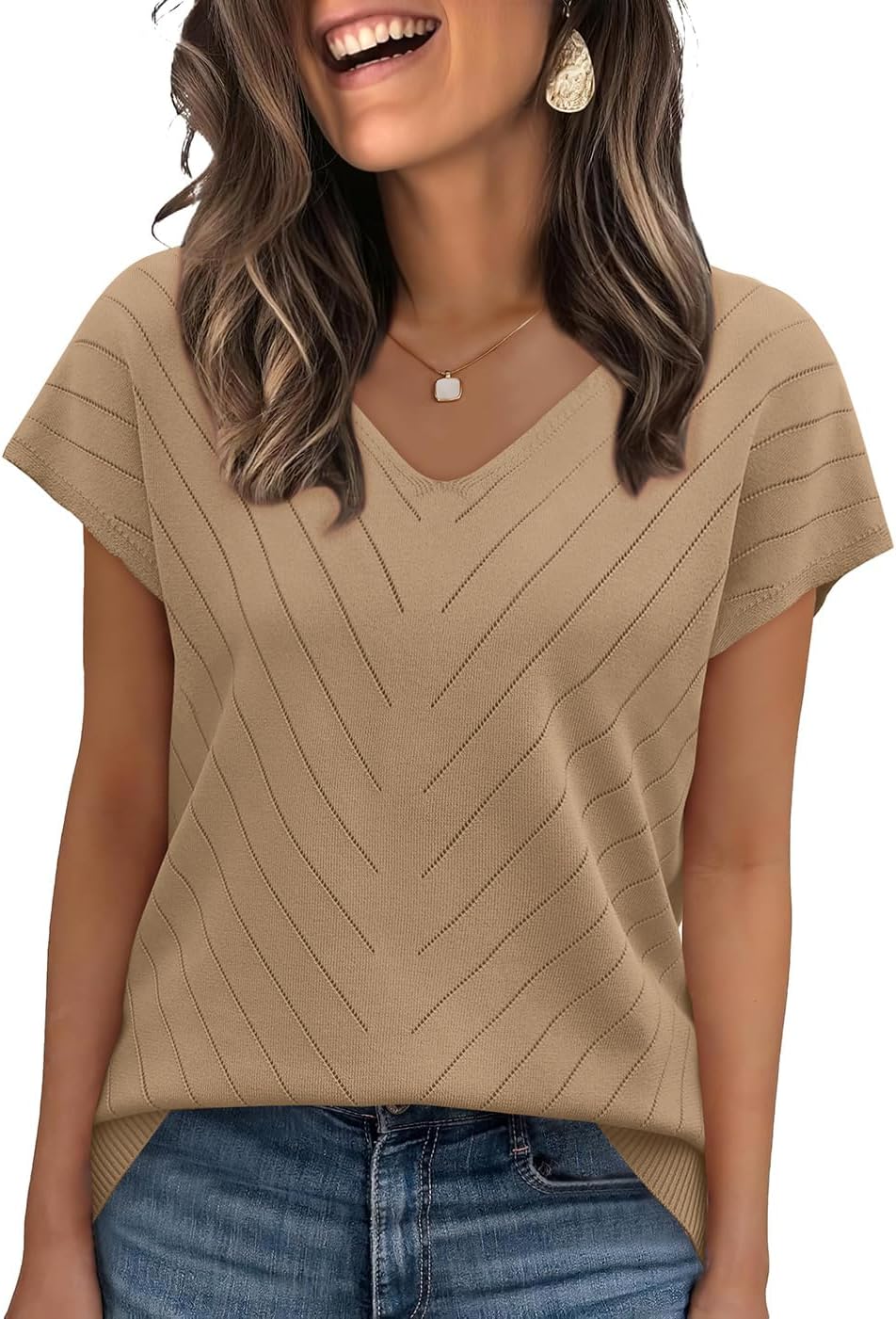 WIHOLL Short Sleeve Sweater for Women V Neck Trendy Summer Tops 2026 Beach Vacation Clothes Travel Business Casual Outfits