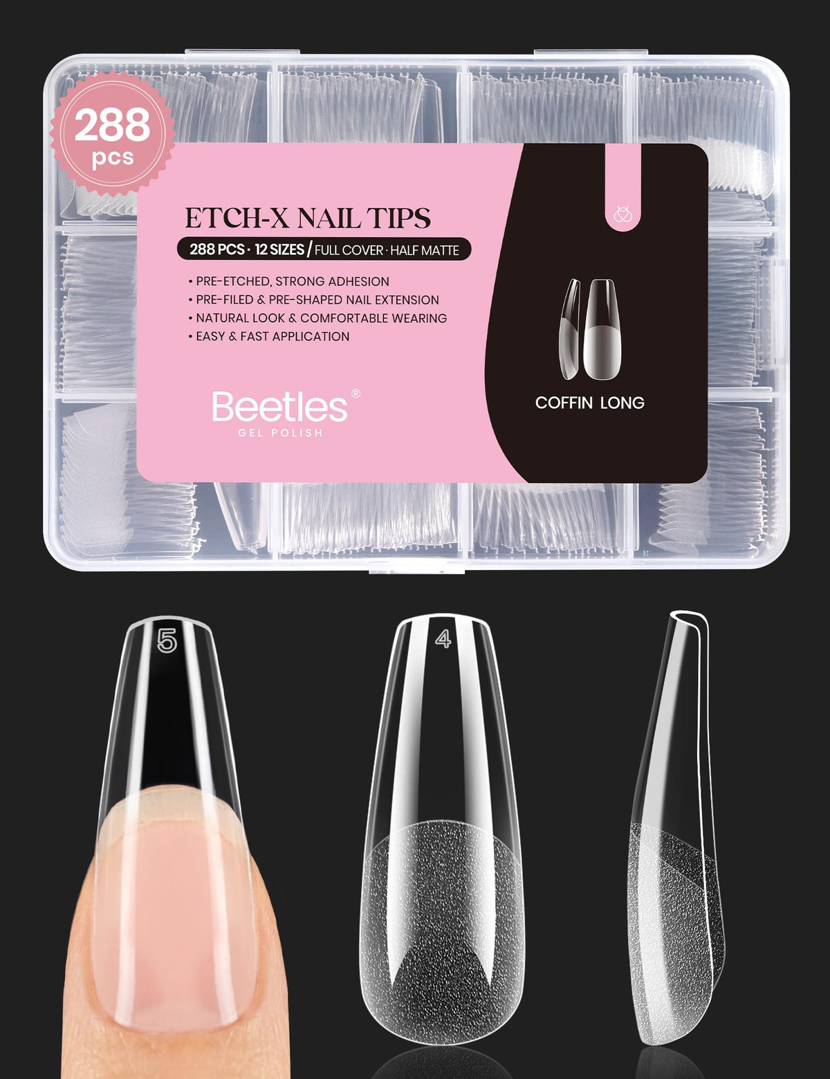 Beetles Soft Gel Nail Tips Short Almond 288pcs in 12 Sizes Etch-X | Pre-Etched Full Cover Acrylic Fake Nails, Salon Quality Nail Supplies, Easy DIY Extension Press On Nails, Gift for Women