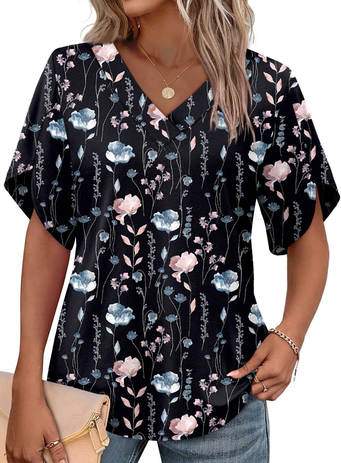 WIHOLL Womens Summer Tops Short Petal Sleeve Shirts Fashion V Neck Womens Clothing
