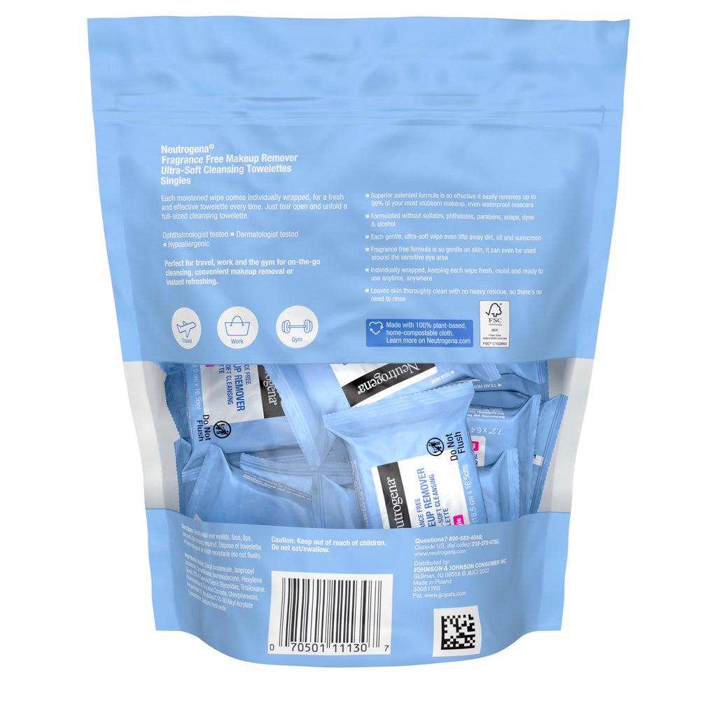 Neutrogena Makeup Remover Towelettes, Daily Single Face Towelettes, 20 Ct | Makeup Remover, Makeup Removing Cleansing Wipes, Suitable for Dirt & Oil Removal, Alcohol-Free