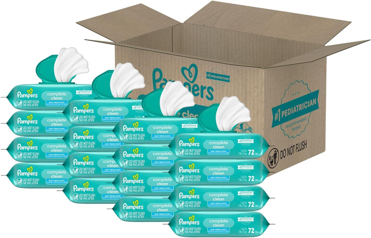 Pampers Baby Wipes, Complete Clean Baby Fresh Scented Wipe, Gently Cleans Head to Toe, 72 Total (1 Flip-Top Packs)