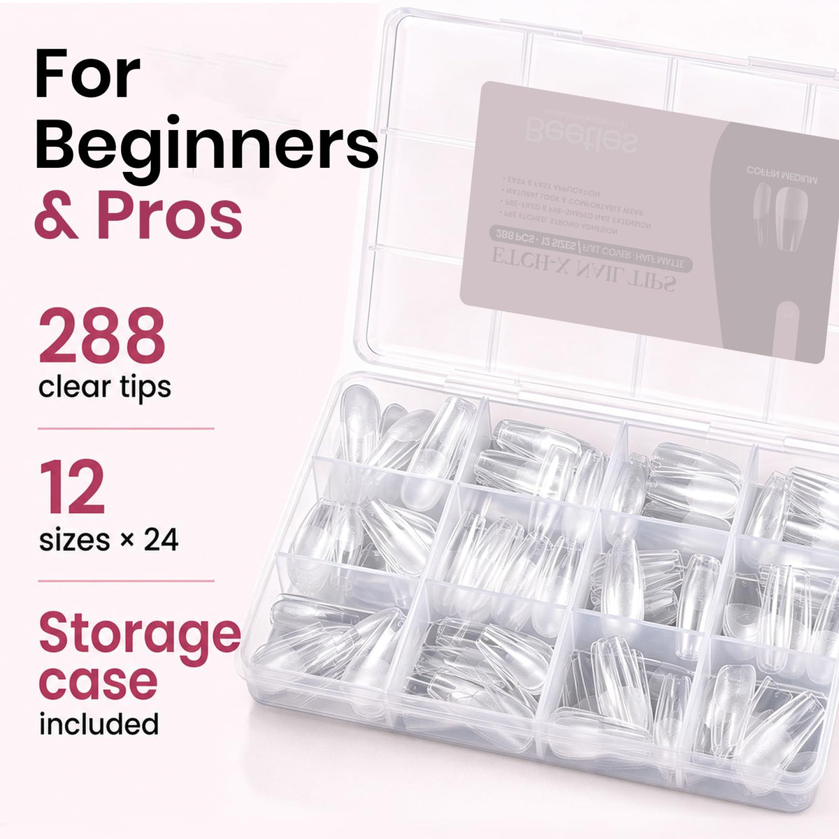 Beetles Soft Gel Nail Tips Short Almond 288pcs in 12 Sizes Etch-X | Pre-Etched Full Cover Acrylic Fake Nails, Salon Quality Nail Supplies, Easy DIY Extension Press On Nails, Gift for Women