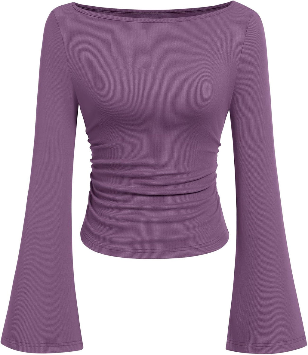 PRETTYGARDEN Womens Bell Long Sleeve Ribbed Knit Tops