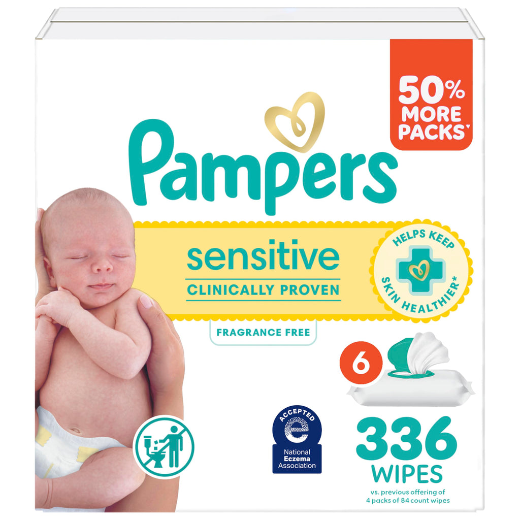 Pampers Sensitive Baby Wipes, Clinically Proven, Fragrance Free, Unscented, Water Based, Hypoallergenic, Multi-Use, Hand Wipes 1008 Wipes Total (18X Flip-Top Packs) [Packaging May Vary]