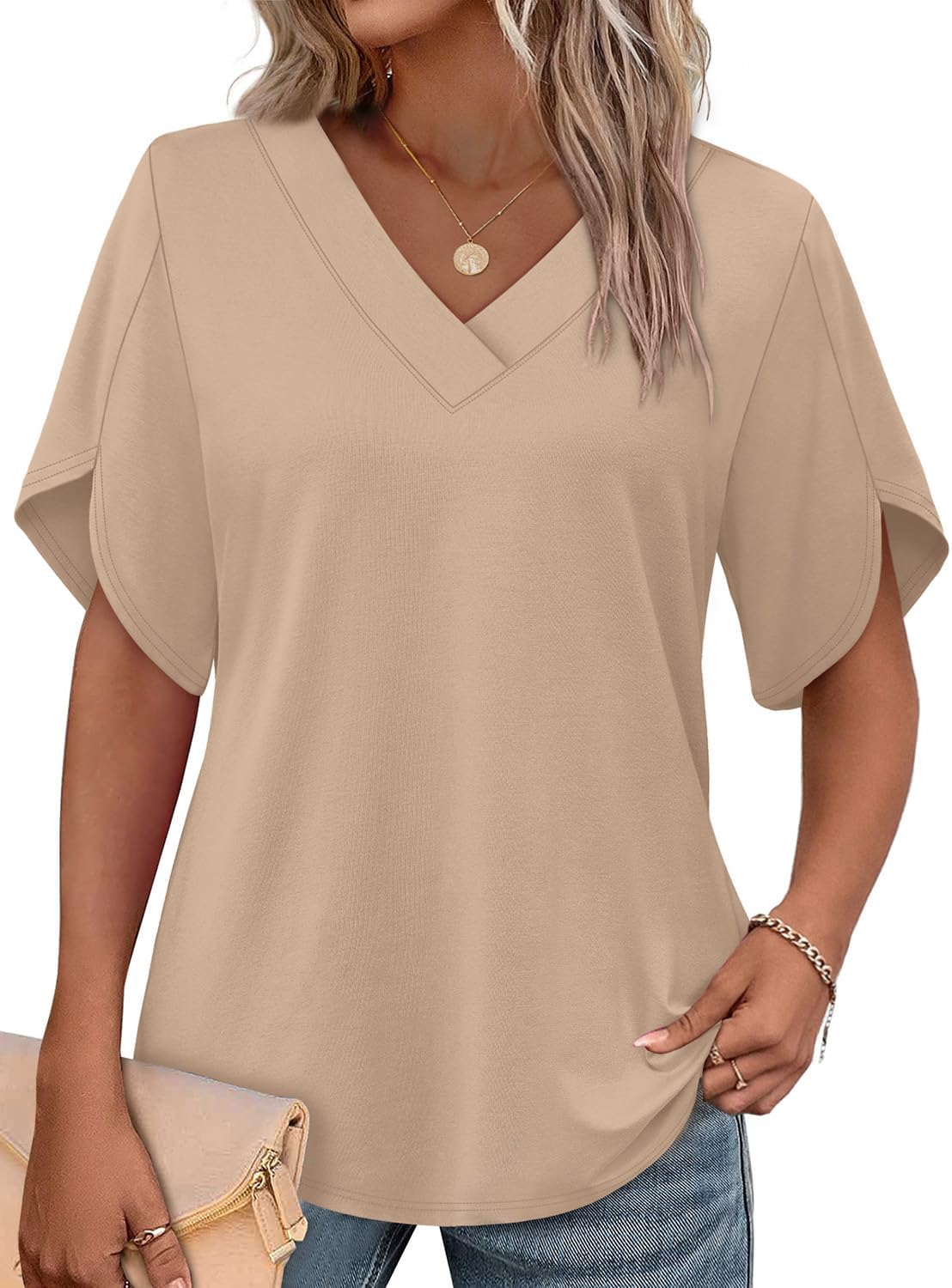WIHOLL Womens Summer Tops Short Petal Sleeve Shirts Fashion V Neck Womens Clothing