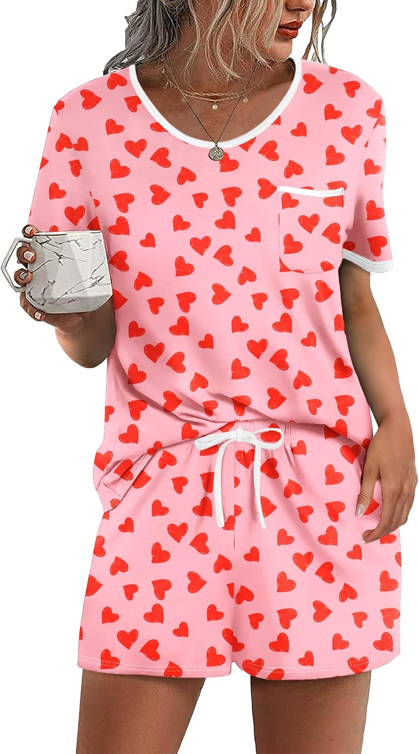 Ekouaer Pajamas for Womens Set 2 Piece Soft Sleepwear, Chest Pocket | Comfy Pjs, Casual Lounge Set, Short Sleeve Tops and Drawstring Shorts, Loungewear for Spring Summer Fall Winter