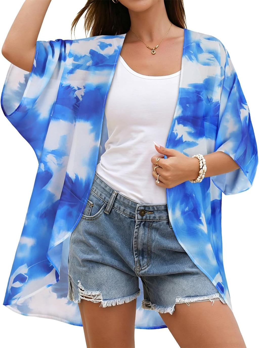 CHICGAL Womens Floral Kimono Cardigan Beach Cover Up Casual Summer Tops | 2026 Puff Sleeve Open Front Chiffon Outfit,Hawaiian Shirt,Beach Vacation Swimwear, Plus Top,Boho ladies Blouse,Cruise Resort