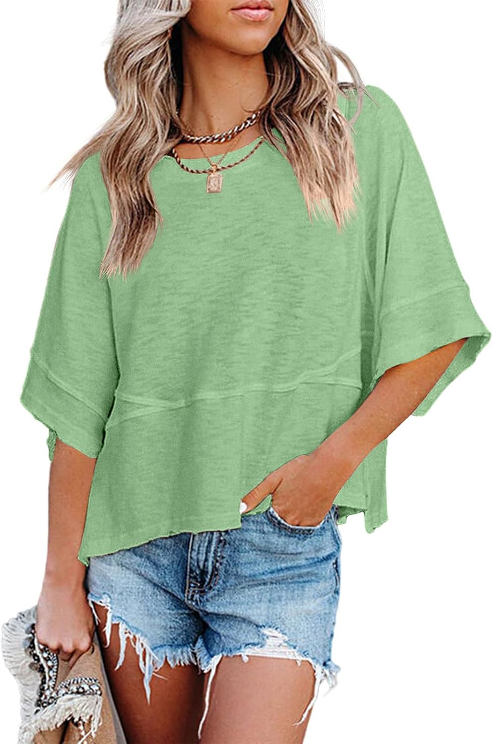 Sovelen Women's Summer Casual T-Shirts Loose Fit Crewneck 3/4 Sleeve Tops