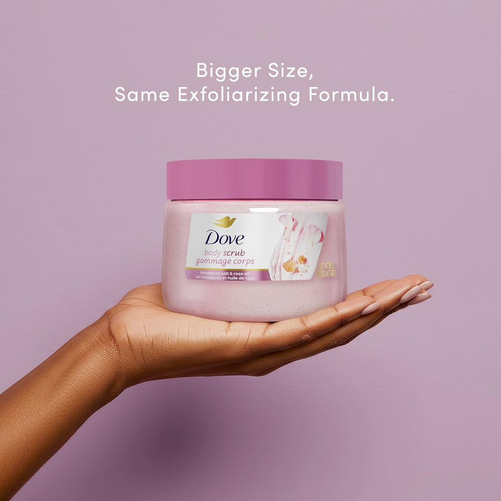 Dove Himalayan Salt & Rose Oil Body Scrub Exfoliates and Deeply 15 oz | For skin that needs polish, Helps reveal smooth skin, With Himalayan salt & Rose Oil